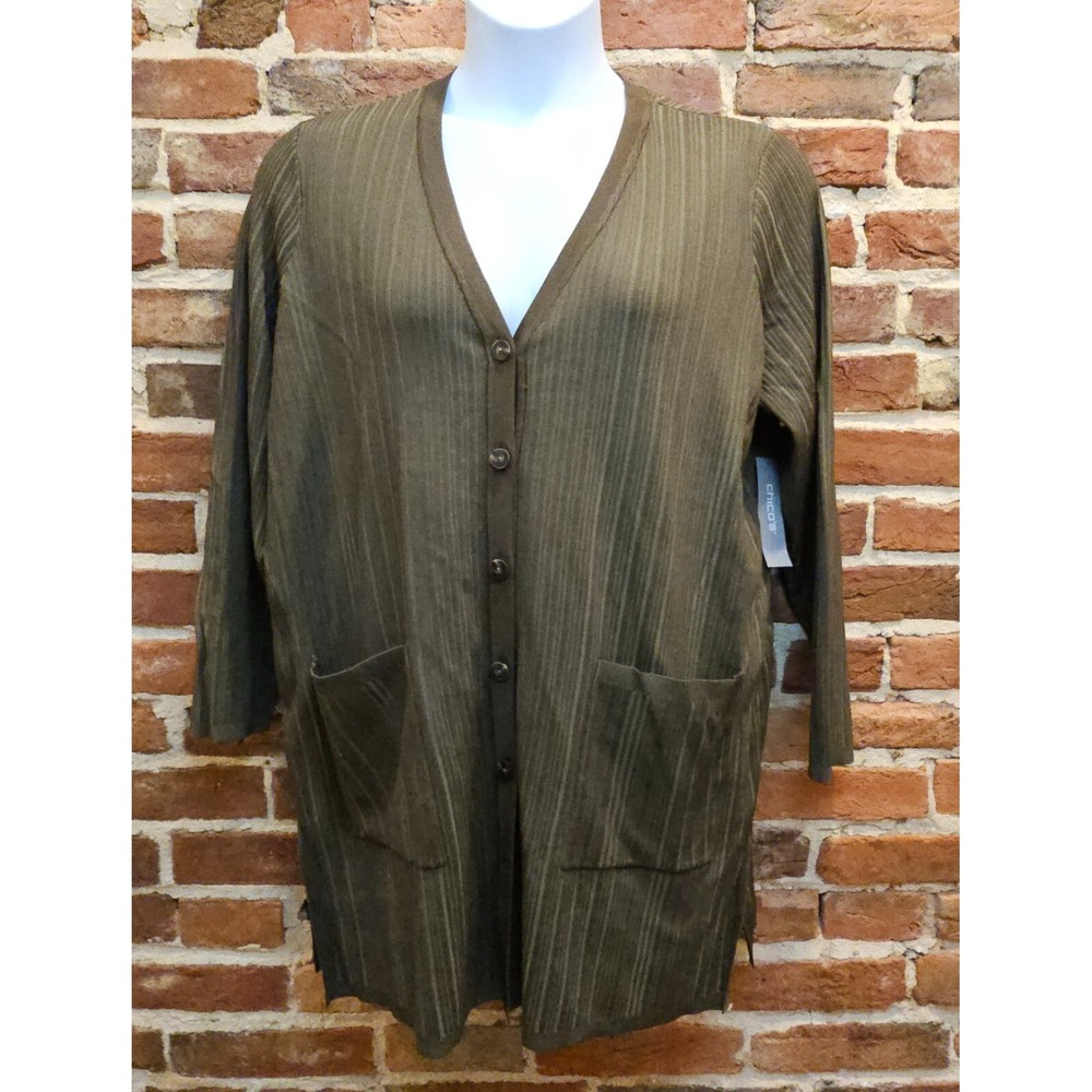 Chico's Cardigan Sweater Womens Petite 3 Green Ribbed Hem Long Sleeve Button Up
